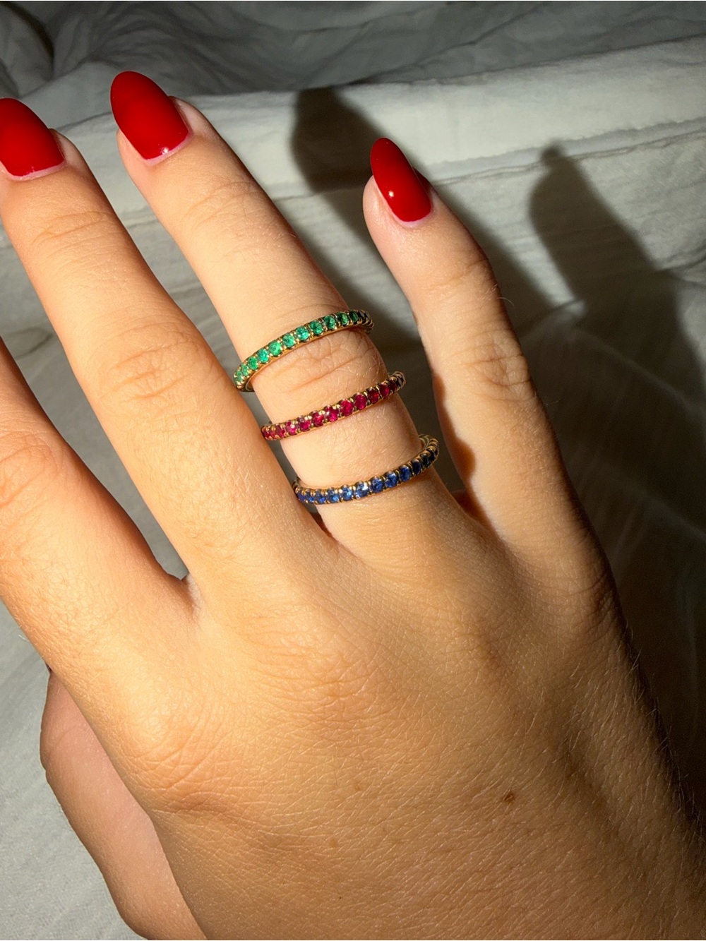 David Yurman set of 3 rings in 18k with emeralds, sapphires and rubies
